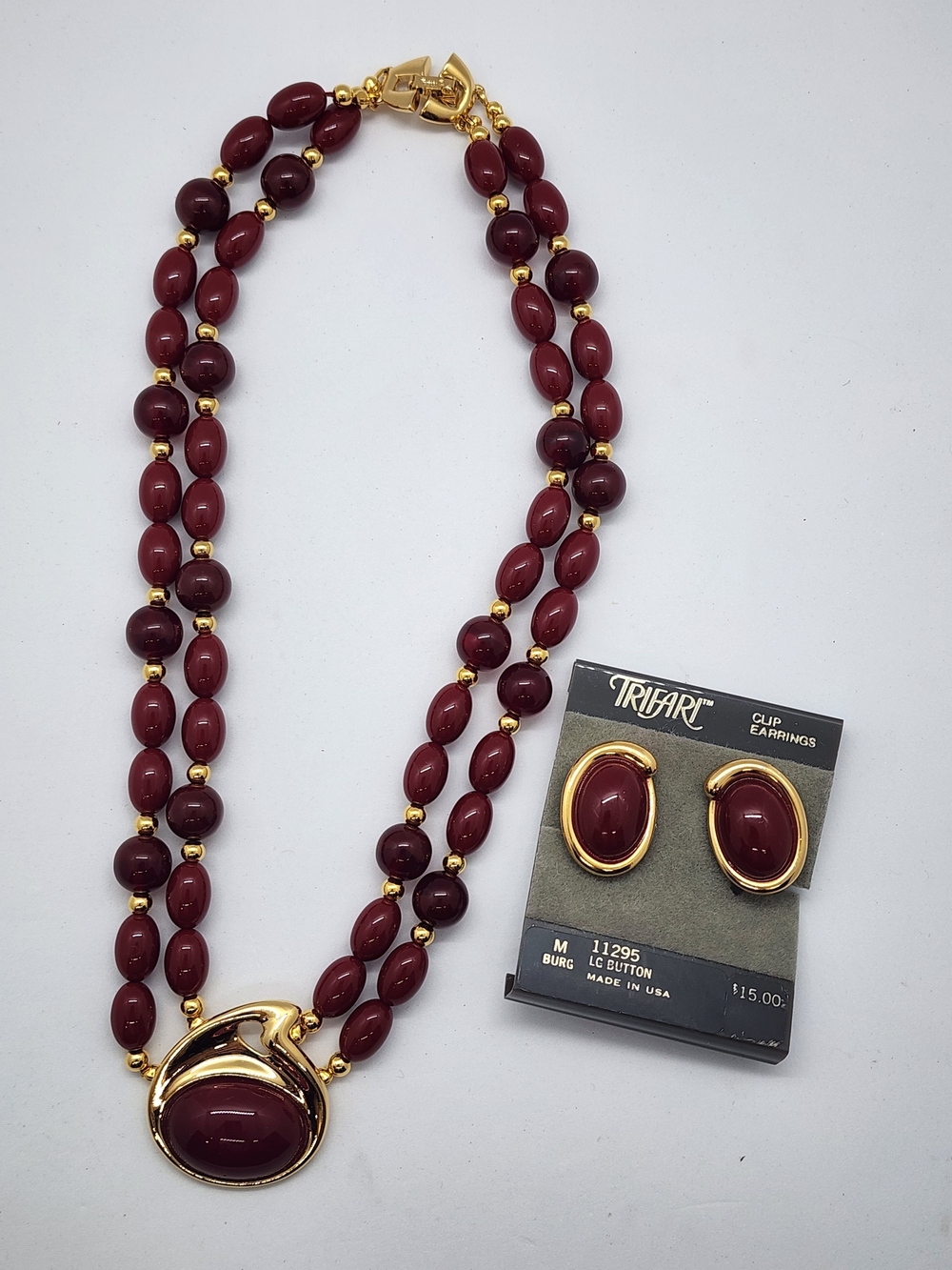 Vintage Crown Trifari Demi-Parure Set - Burgundy Multi-Strand Bead Necklace